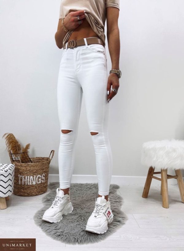 Заказать женские белые джинсы скинни с прорезями на коленях в Украине онлайн