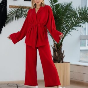 Купить красного цвета костюм для женщин кимоно оверсайз (размер 42-48) дешево