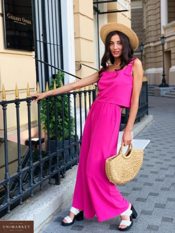 Купить розовый брючный костюм для женщин свободного кроя с топом (размер 42-48) в интернете