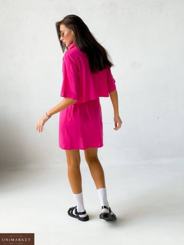 Приобрести в интернете розовый костюм из льна с юбкой для женщин