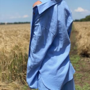 Купить голубой костюм тройка женский из льна: рубашка, топ и штаны недорого (размер 42-48)