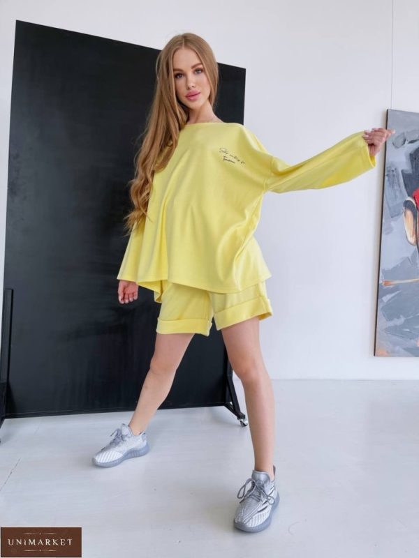 Замовити дешево жіночий спортивний костюм оверсайз з шортами світло жовтий
