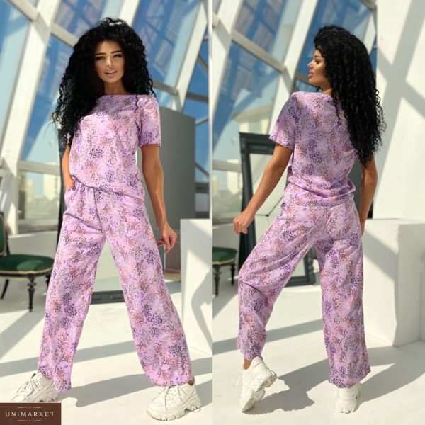 Купить женский принтованный костюм с футболкой (размер 42-48) фиолетовый недорого