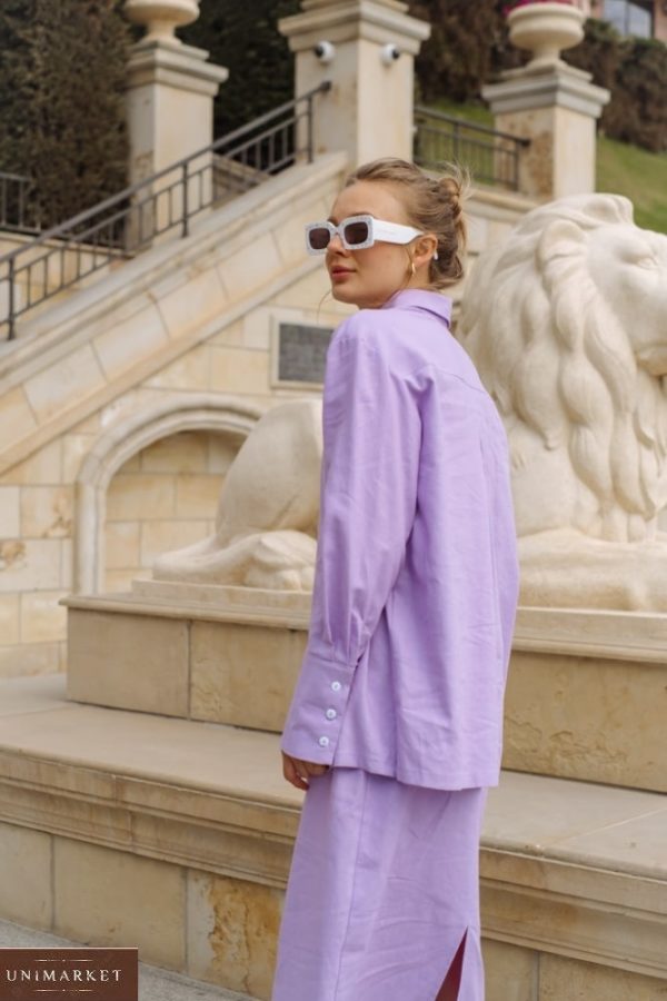 Приобрести лиловый женский костюм из льна: рубашка+комби (размер 42-48) в интернете
