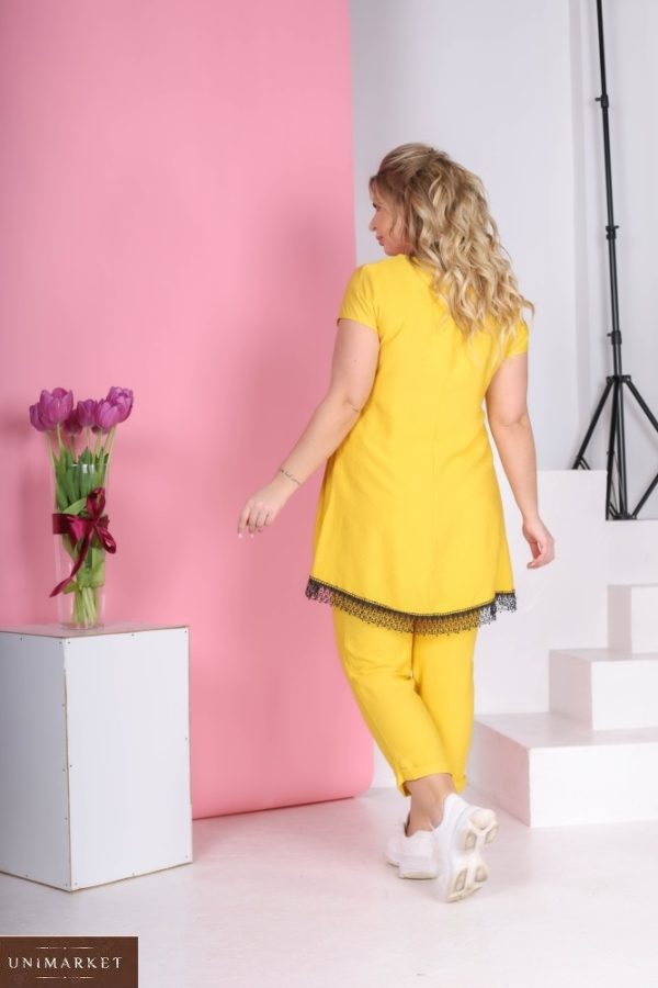Замовити гірчичного кольору жіночий лляний костюм з тунікою (розмір 42-56) в інтернет-магазині