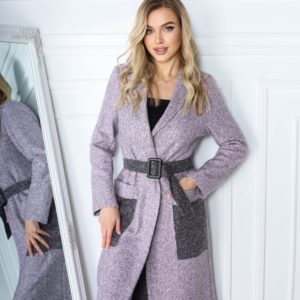 Купить пудра пальто для женщин с контрастными карманами и поясом (размер 42-56) онлайн