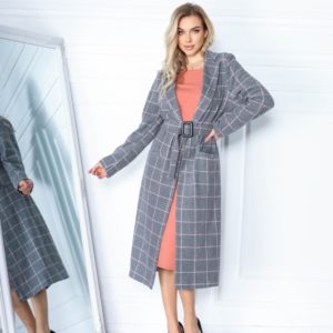 Заказать женское пальто в клетку серое из кашемира с шерстью (размер 42-56) онлайн