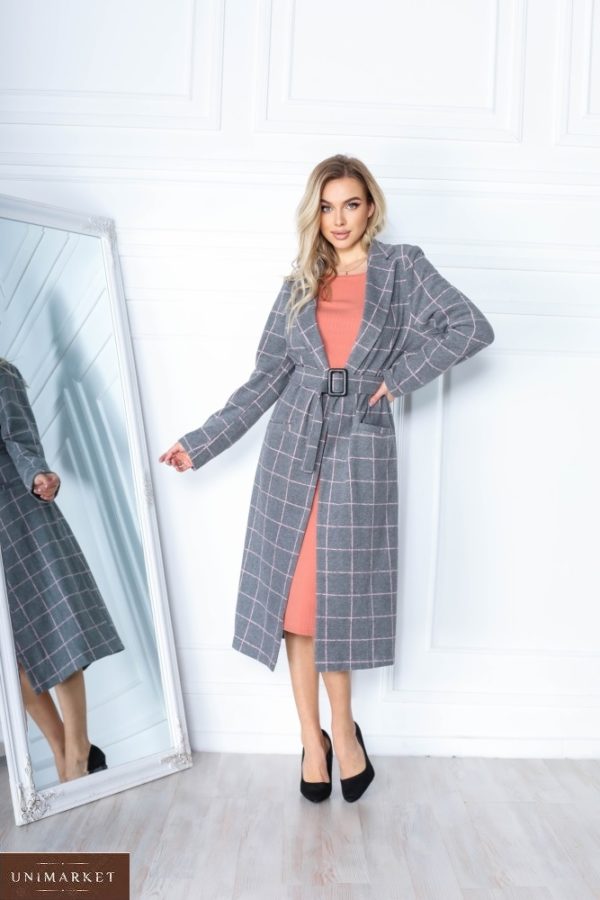 Замовити жіноче пальто в клітку сіре з кашеміру з вовною (розмір 42-56) онлайн