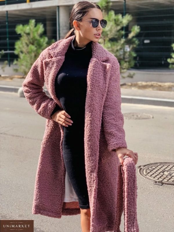 Заказать женское пальто цвета пудра барашек с поясом на подкладке онлайн