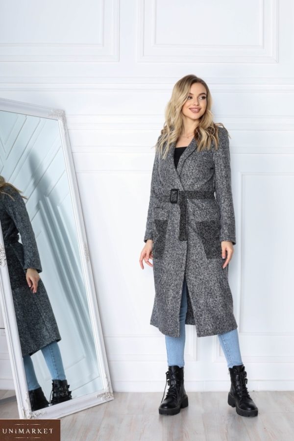 Купити онлайн кольору графіт пальто з контрастними кишенями для жінок і поясом (розмір 42-56)