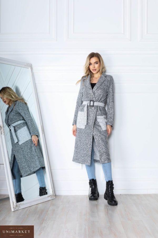 Заказать недорого женский пальто с контрастными карманами и поясом (размер 42-56) серого цвета