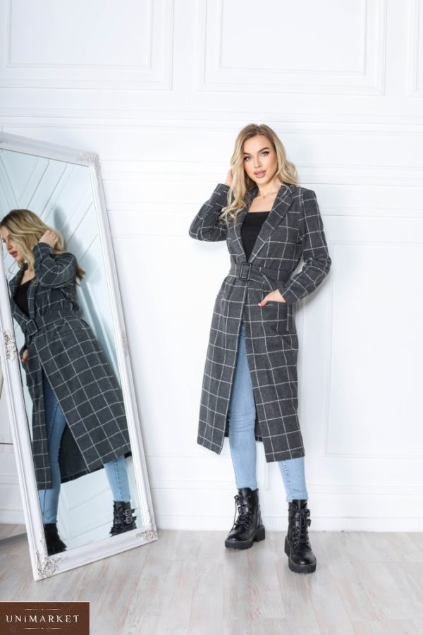 Замовити за низькими цінами жіноче пальто в клітку кольору графіт недорого з кашеміру з вовною (розмір 42-56) для жінок