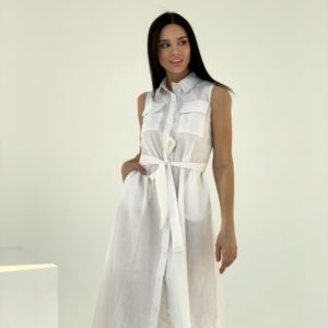 Заказать белое льняное платье для женщин -рубашка миди с поясом в Украине