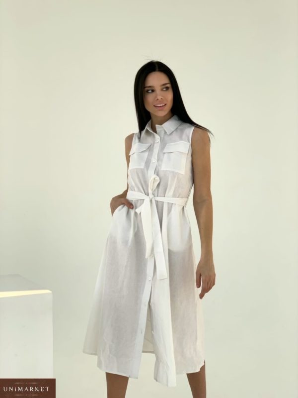 Заказать белое льняное платье для женщин -рубашка миди с поясом в Украине