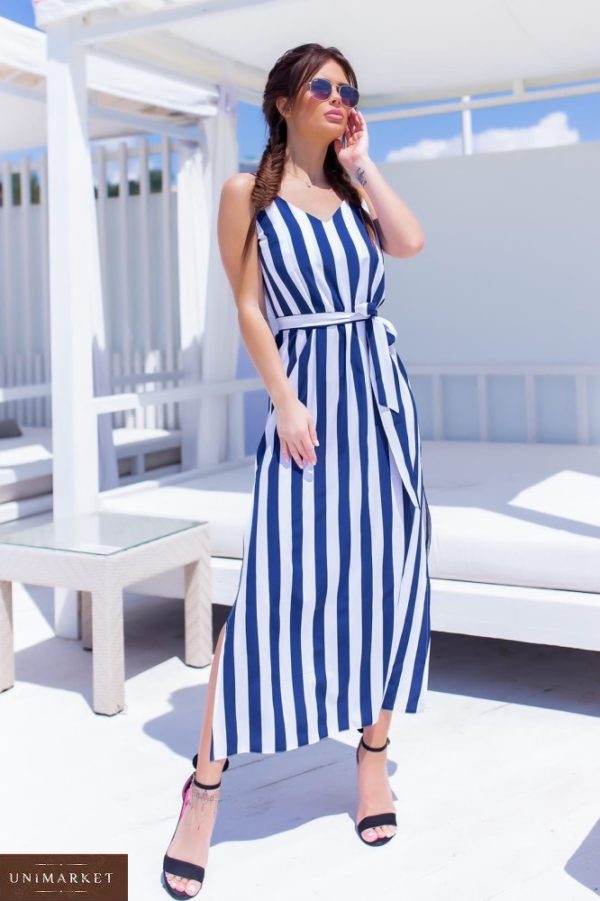 Замовити синє довге для жінок плаття в вертикальну смужку з поясом в Україні