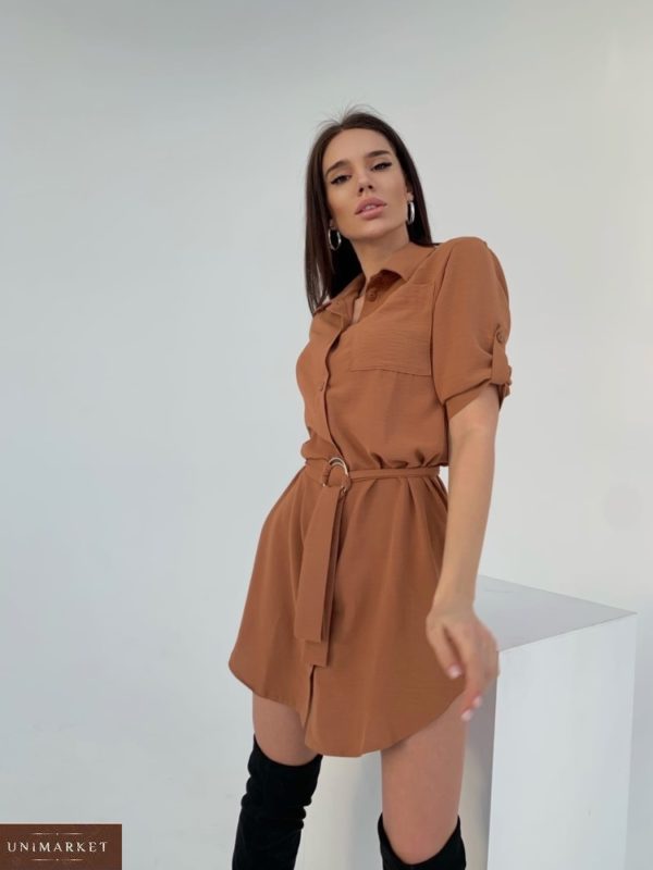 Замовити онлайн жіночу сукню-сорочка довжини міні кольору мокко з жатки по знижці