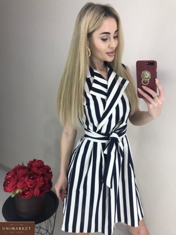 Заказать в Украине платье черно-белое в вертикальную полоску с поясом для женщин