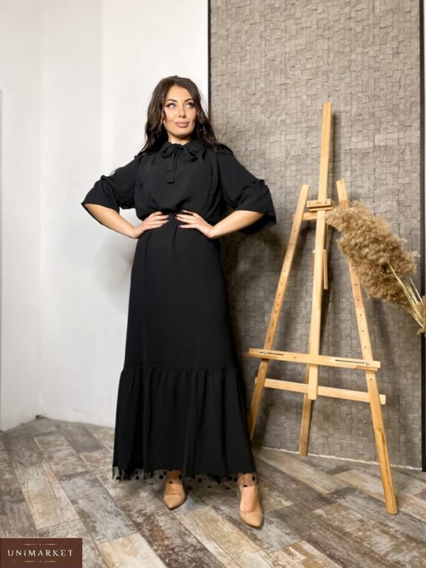 Купити чорне плаття жіноче в підлогу з подолом в горошок (розмір 42-56) по знижці
