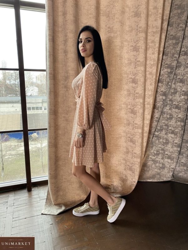 Замовити онлайн мокко плаття для жінок в горошок на запах з поясом (розмір 42-52) в Україні