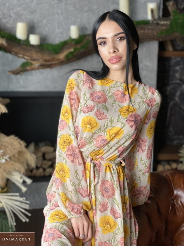 Заказать бежевое платье для женщин в цветы из шифона онлайн