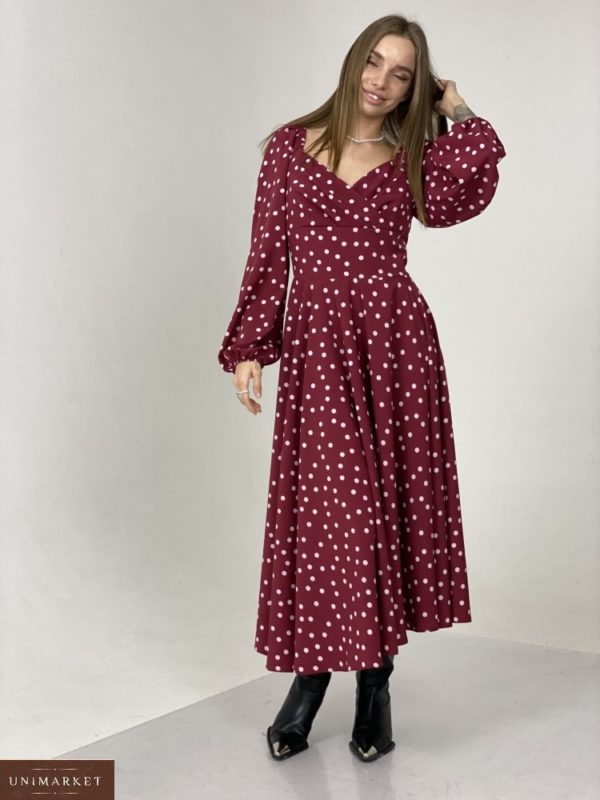 Замовити жіночу сукню кольору марсала в горошок онлайн довжини міді
