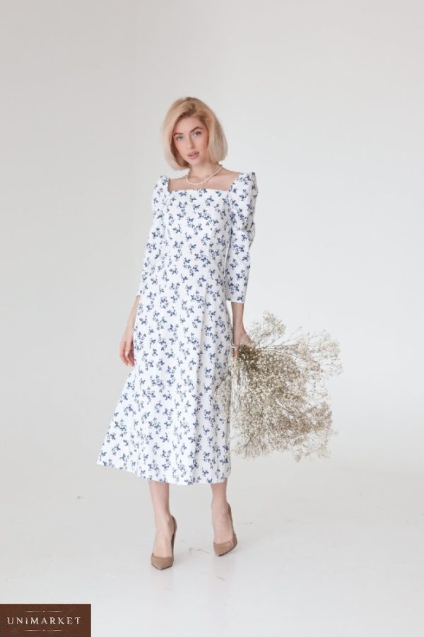 Купить недорого элегантное белое платье миди в цветочек (размер 40-50) для женщин