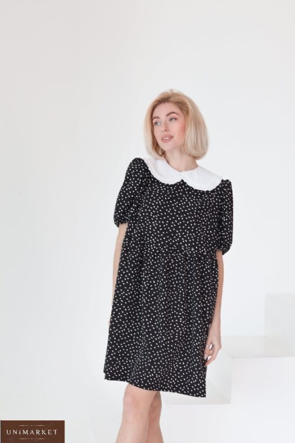 Купити зі знижкою плаття оверсайз чорне в горошок з коміром (розмір 42-58) для жінок