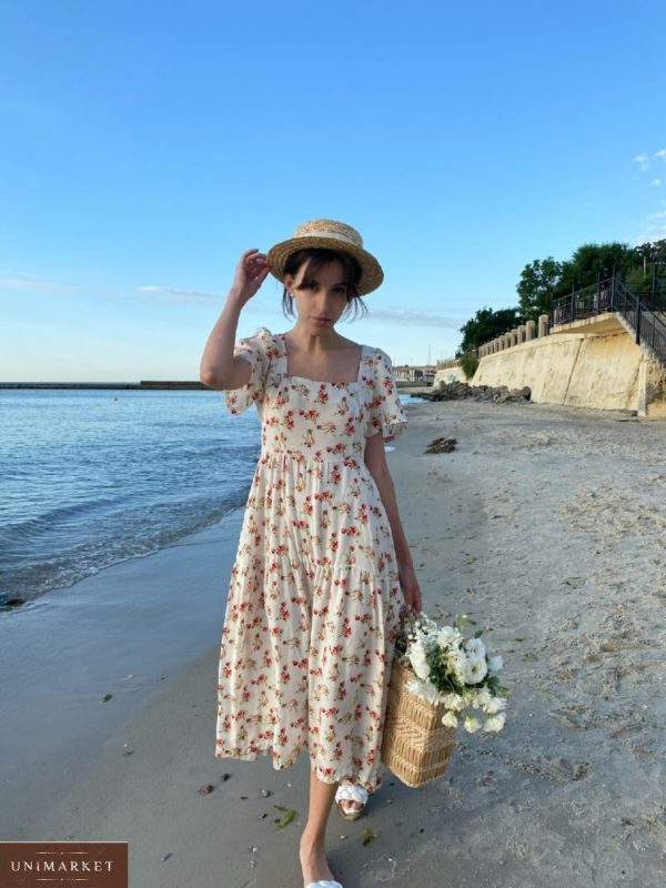 Купить бежевое женское платье миди из штапеля с коротким рукавом (размер 42-48) недорого