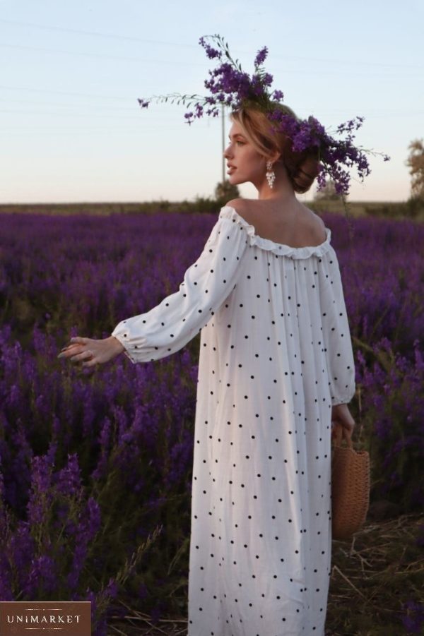 Заказать платье-рубашка белое макси в горошек онлайн для женщин
