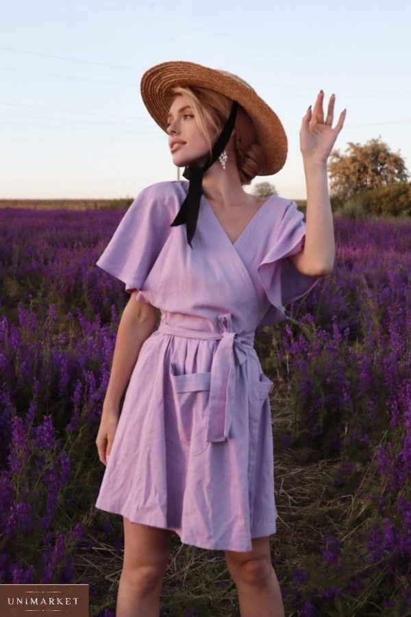 Заказать женское платье лилового цвета мини из льна на запах (размер 42-48) недорого