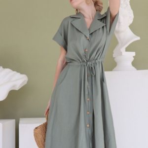 Замовити жіноче плаття-сорочка кольору оливка з льону довжини міді в Україні