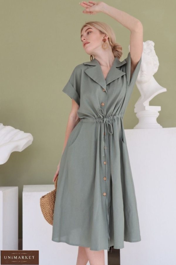 Заказать женское платье-рубашка цвета оливка из льна длины миди в Украине