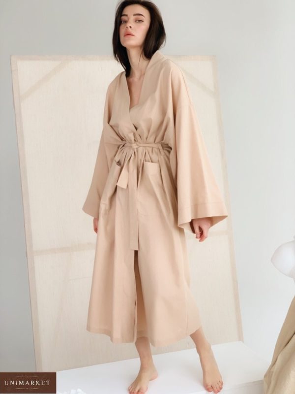 Купить бежевое длинное платье для женщин кимоно из льна (размер 42-48) в Украине