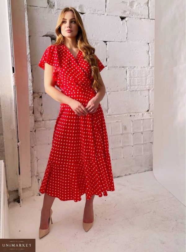 Замовити жіноче червоне прінтоване плаття на запах довжини міді в горошок недорого