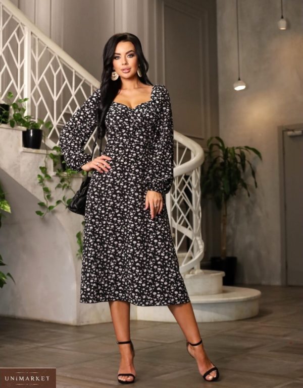 Купити чорне жіноче квіткове плаття міді з софта (розмір 42-48) в інтернеті