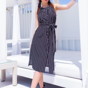 Купити чорне літнє плаття в смужку жіноче з відкритими плечима в Україні