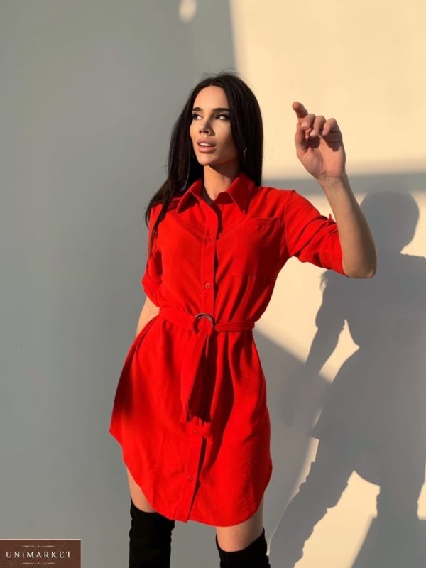 Приобрести красное платье-рубашка длины мини онлайн по скидке из жатки для женщин