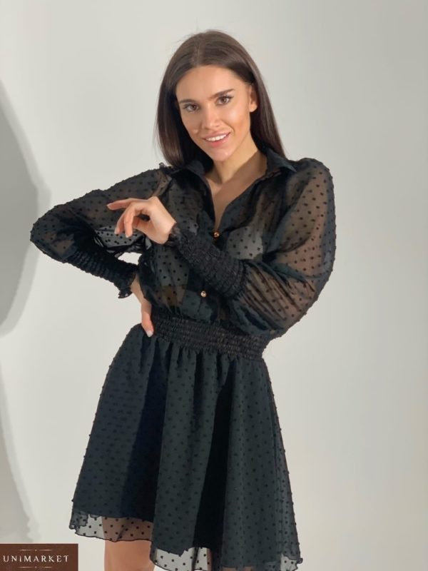 Замовити онлайн чорне шифонове плаття жіноче в горошок з коміром дешево