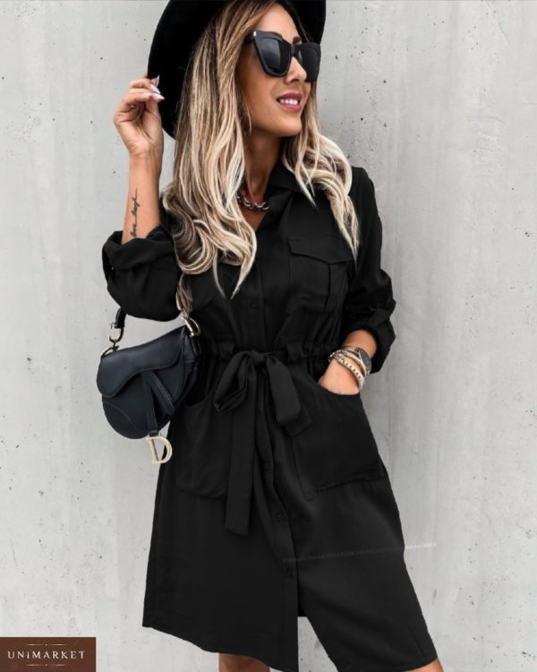 Купити чорне плаття-сорочка для жінок на ґудзиках з поясом (розмір 42-56) недорого