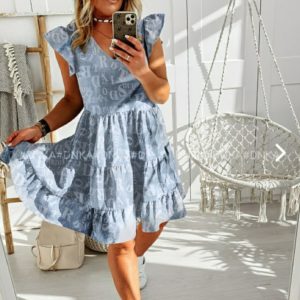 Замовити онлайн блакитного кольору жіноче прінтоване літнє плаття з рюшами (розмір 42-56) по знижці