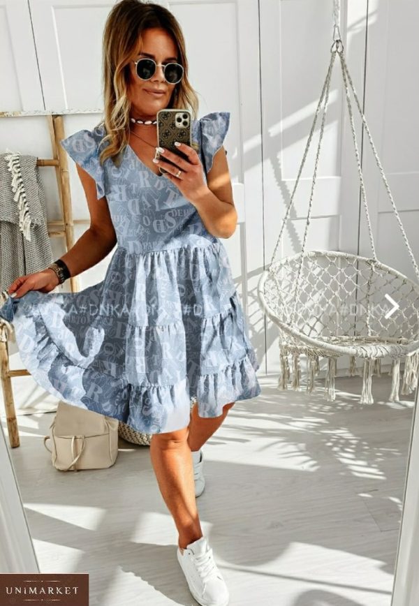 Заказать онлайн голубого цвета женское принтованное летнее платье с рюшами (размер 42-56) по скидке