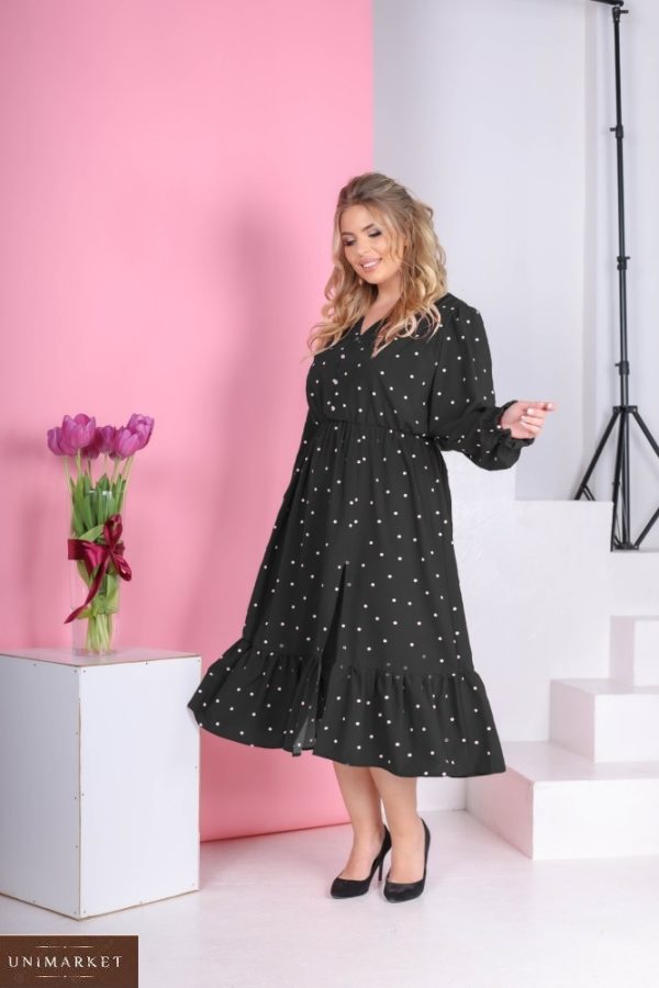 Купити зі знижкою плаття чорне міді онлайн з розрізом в горошок (розмір 42-56) для жінок