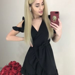 Приобрести черное платье на запах онлайн с рюшами и поясом для женщин