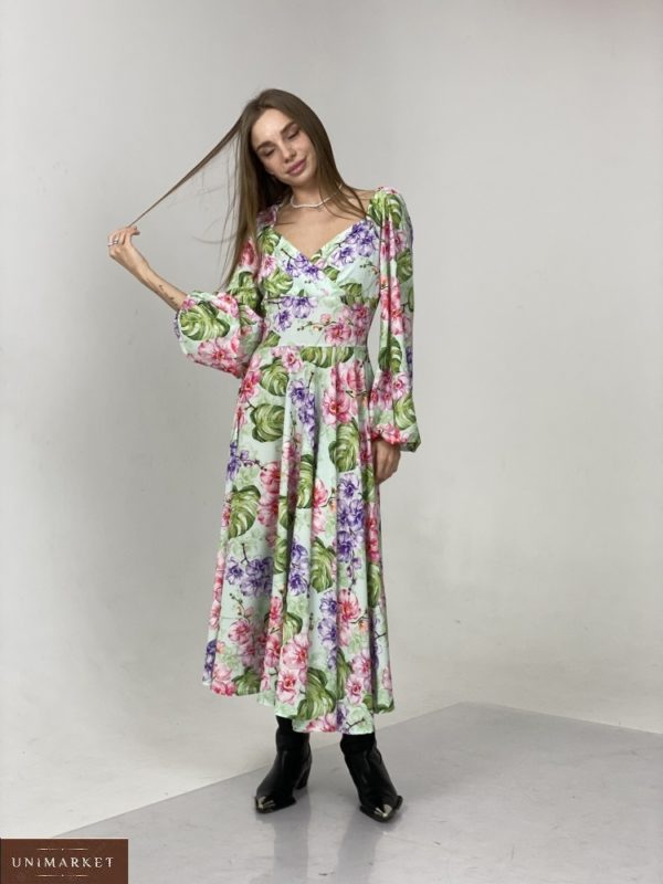 Замовити кольору фісташка жіноче плаття в квіти довжини міді онлайн