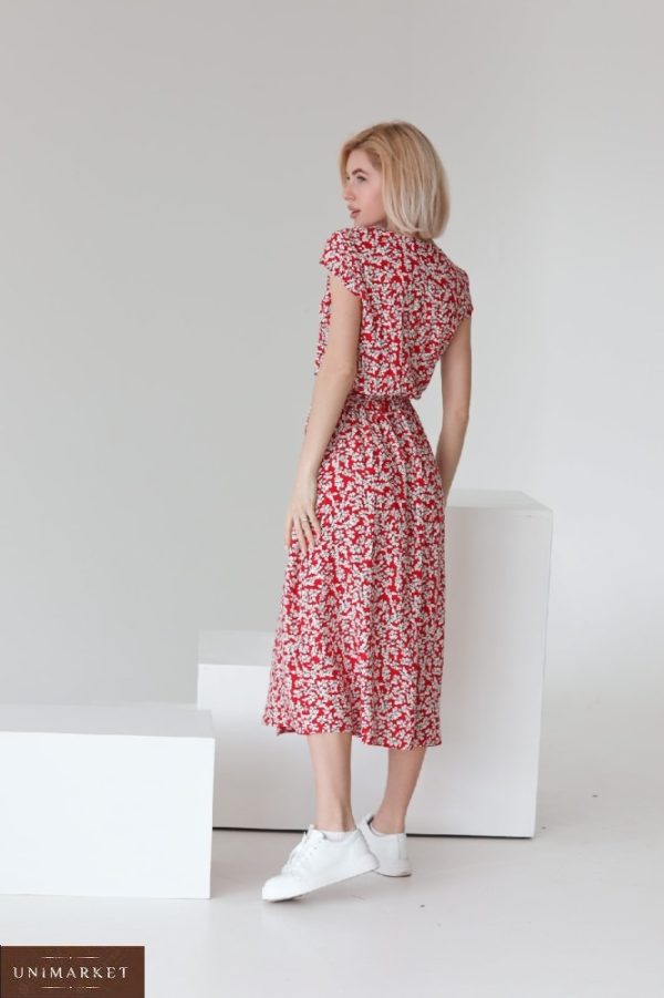 Замовити недорого червону квіткову сукню на запах з штапеля (розмір 42-48) для жінок