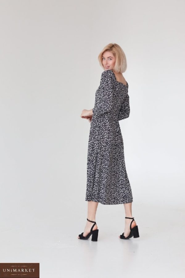 Заказать онлайн принтованное платье миди черного цвета с разрезом на ноге (размер 40-54) для женщин