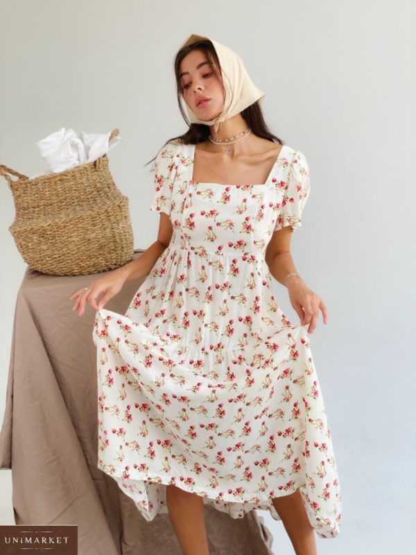 Замовити онлайн бежеву сукню міді з штапеля з коротким рукавом (розмір 42-48) для жінок