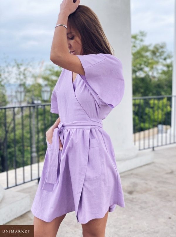 Купити онлайн бузкове плаття міні для жінок з льону на запах (розмір 42-48)