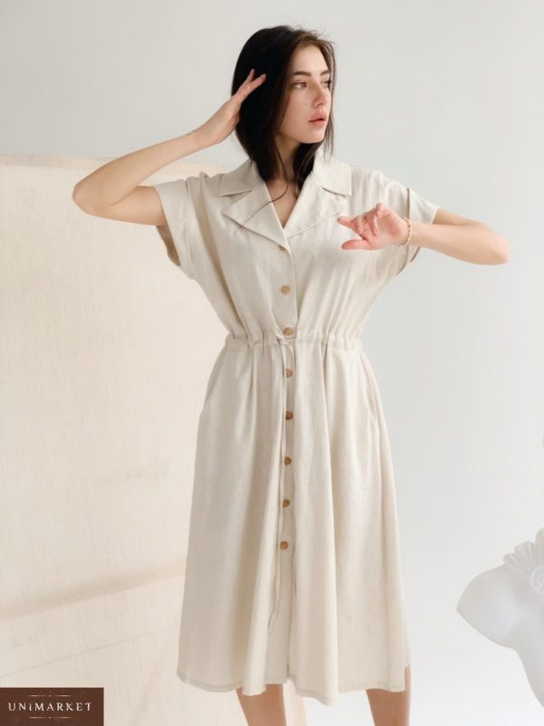 Приобрести Платье-рубашка из льна онлайн длины миди беж дешево