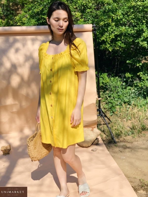 Замовити по знижці жовту сукню з поясом дешево з натурального льону (розмір 42-48) для жінок